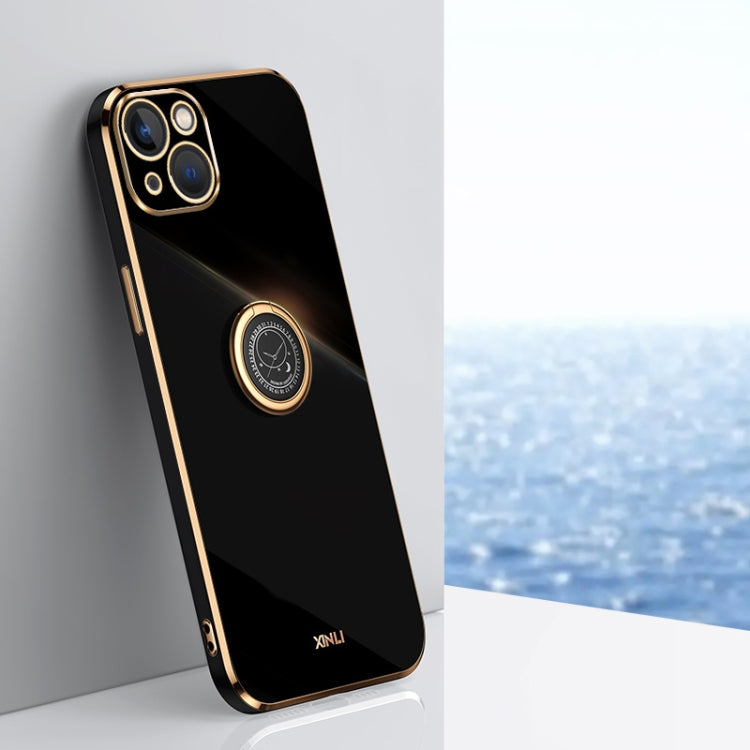 For iPhone 15 Plus XINLI Straight Edge 6D Electroplate TPU Phone Case with Ring Holder(Black) - iPhone 15 Plus Cases by XINLI | Online Shopping South Africa | PMC TechLife | Buy Now Pay Later Mobicred