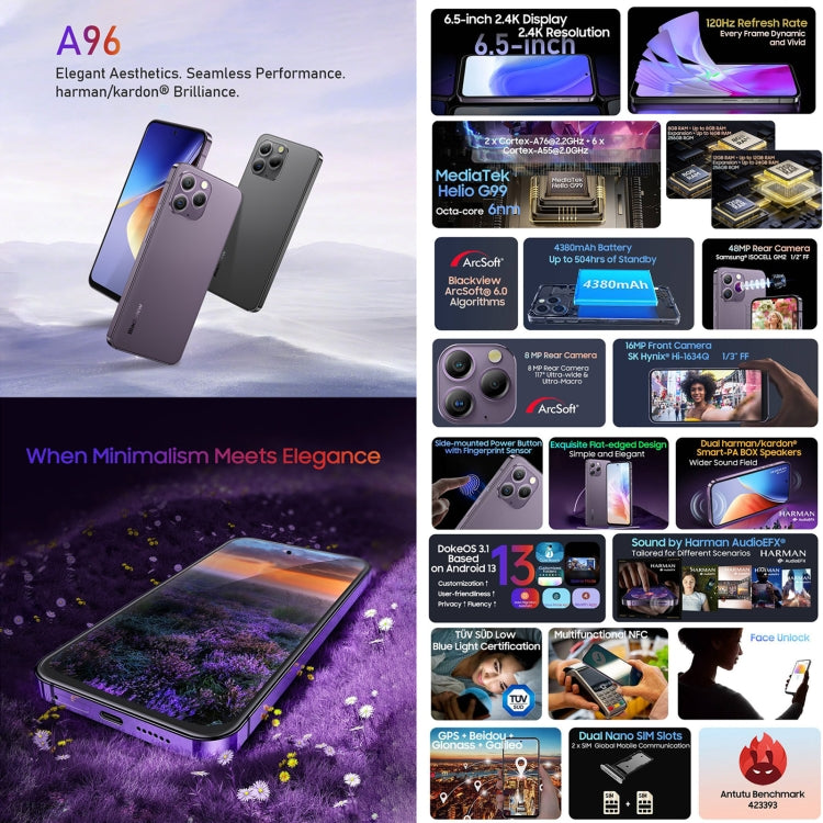 [HK Warehouse] Blackview A96, 8GB+256GB, Side Fingerprint, 6.5 inch Android 13 MediaTek Helio G99 Octa Core up to 2.2GHz, Network: 4G, NFC, OTG(Provence Purple) - Blackview by Blackview | Online Shopping South Africa | PMC Jewellery