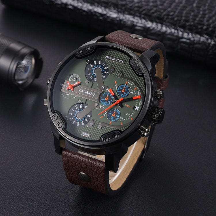 CAGARNY 6820 Men Dual Movement Green Face Leather Strap Quartz Watch(Brown) - Leather Strap Watches by CAGARNY | Online Shopping South Africa | PMC Jewellery | Buy Now Pay Later Mobicred