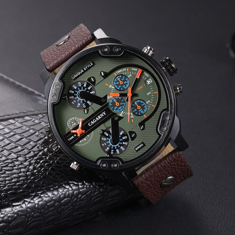 CAGARNY 6820 Men Dual Movement Green Face Leather Strap Quartz Watch(Brown) - Leather Strap Watches by CAGARNY | Online Shopping South Africa | PMC Jewellery | Buy Now Pay Later Mobicred