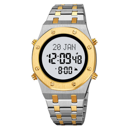 SKMEI 2043 Multifunctional Muslim Worships Compass Digital Wrist Watch(Silver Gold+White) - Metal Strap Watches by SKMEI | Online Shopping South Africa | PMC Jewellery | Buy Now Pay Later Mobicred