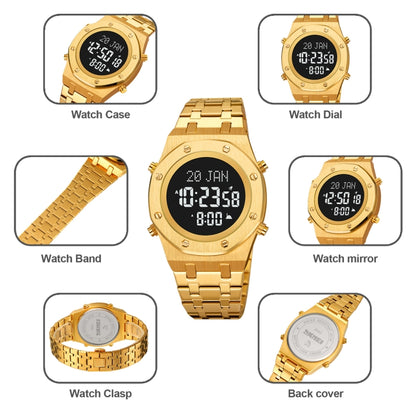 SKMEI 2043 Multifunctional Muslim Worships Compass Digital Wrist Watch(Silver Gold+White) - Metal Strap Watches by SKMEI | Online Shopping South Africa | PMC Jewellery | Buy Now Pay Later Mobicred