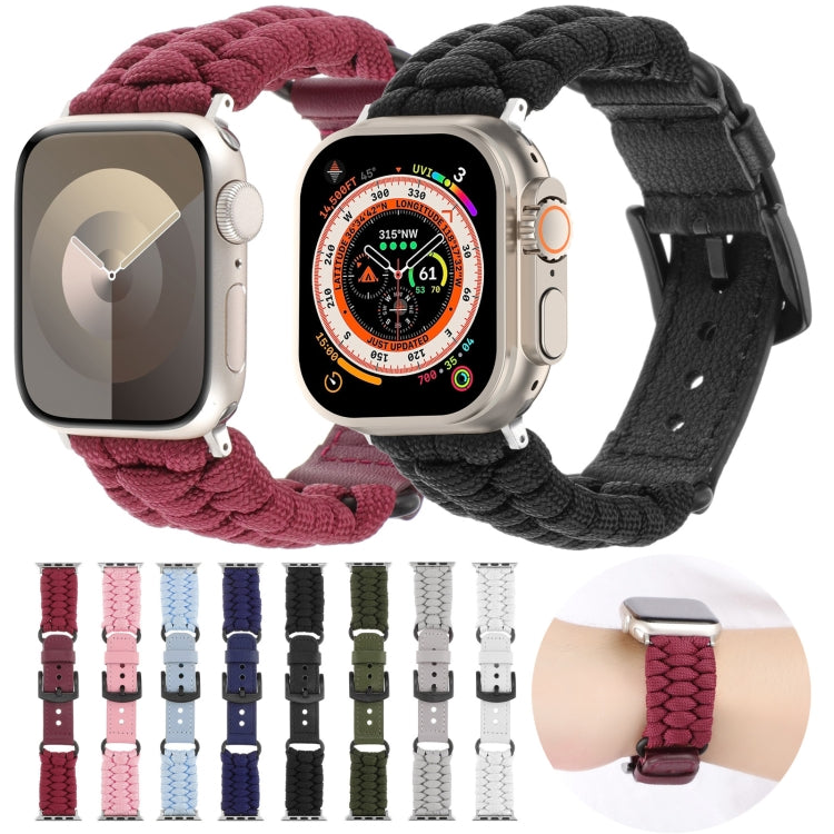 For Apple Watch Series 5 44mm Plain Paracord Genuine Leather Watch Band(Black) - Watch Bands by PMC TechLife | Online Shopping South Africa | PMC TechLife