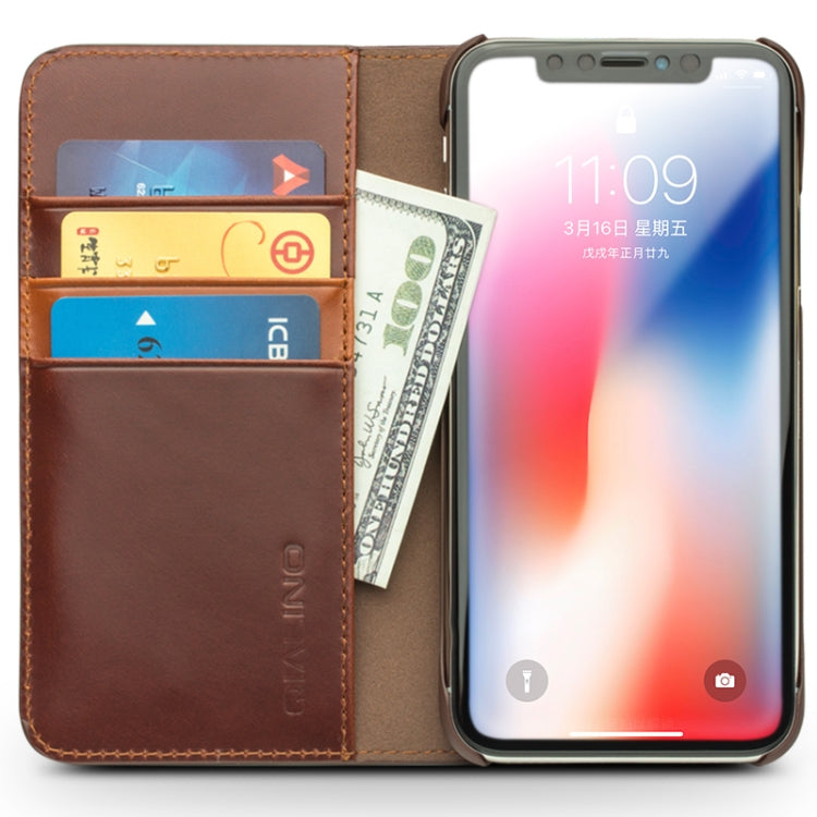 For iPhone X / XS QIALINO Crazy Horse Business Horizontal Flip Leather Case with Holder & Card Slots, Style:Without Buckle(Brown) - More iPhone Cases by QIALINO | Online Shopping South Africa | PMC Jewellery | Buy Now Pay Later Mobicred