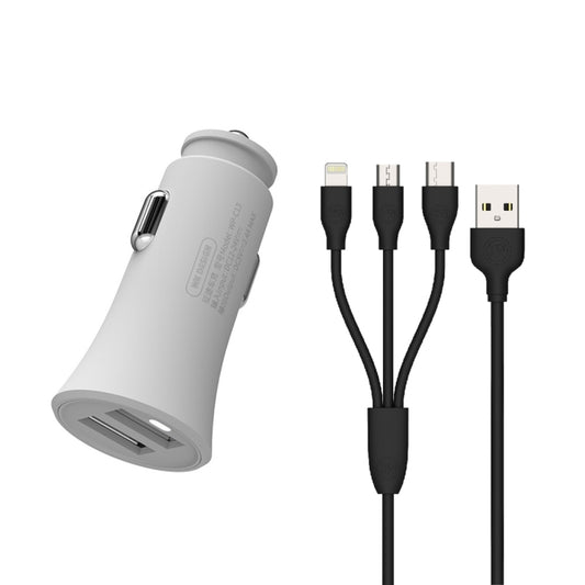 WK WP-C13 2.4A Warpath Dual USB Car Charger with USB to 8 Pin / Micro USB / Type-C Data Cable (White) - Car Charger by WK | Online Shopping South Africa | PMC Jewellery