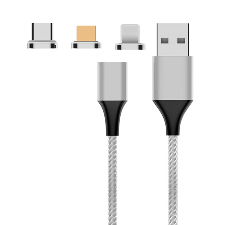 M11 3 in 1 5A USB to 8 Pin + Micro USB + USB-C / Type-C Nylon Braided Magnetic Data Cable, Cable Length: 1m (Silver) - Charging Cable & Head by PMC TechLife | Online Shopping South Africa | PMC TechLife