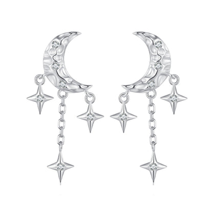 BSE858 Sterling Silver S925 White Gold Plated Zircon Moon Tassel Stud Earrings - Stud Earrings & Earrings by PMC Jewellery | Online Shopping South Africa | PMC Jewellery