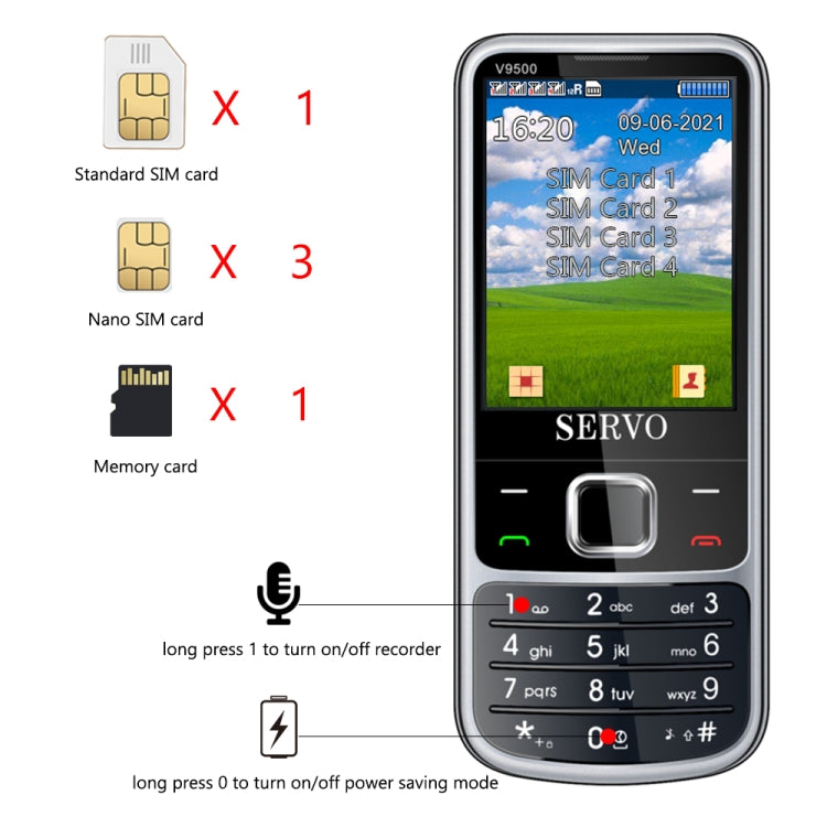 SERVO V9500 Mobile Phone, Russian Key, 2.4 inch, Spredtrum SC6531CA, 21 Keys, Support Bluetooth, FM, Magic Sound, Flashlight, GSM, Quad SIM(Black) - SERVO by SERVO | Online Shopping South Africa | PMC Jewellery