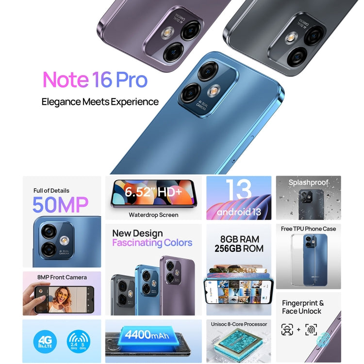 [HK Warehouse] Ulefone Note 16 Pro, 8GB+256GB, Dual Back Cameras, Face ID & Side Fingerprint Identification, 4400mAh Battery, 6.52 inch Android 13 Unisoc T606 Octa Core up to 1.6GHz, Network: 4G, Dual SIM, OTG (Purple) - Ulefone by Ulefone | Online Shopping South Africa | PMC Jewellery