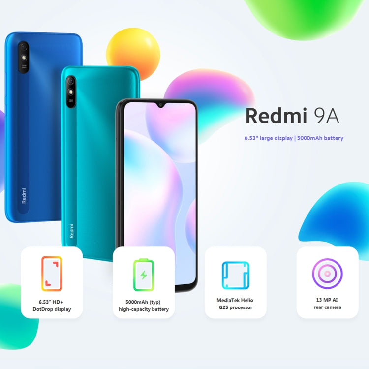 Xiaomi Redmi 9A, 4GB+64GB, 5000mAh Battery, Face Identification, 6.53 inch MIUI 12 MTK Helio G25 Octa Core up to 2.0GHz, Network: 4G, Dual SIM, Support Google Play(Blue) - Xiaomi Redmi by Xiaomi | Online Shopping South Africa | PMC Jewellery | Buy Now Pay Later Mobicred