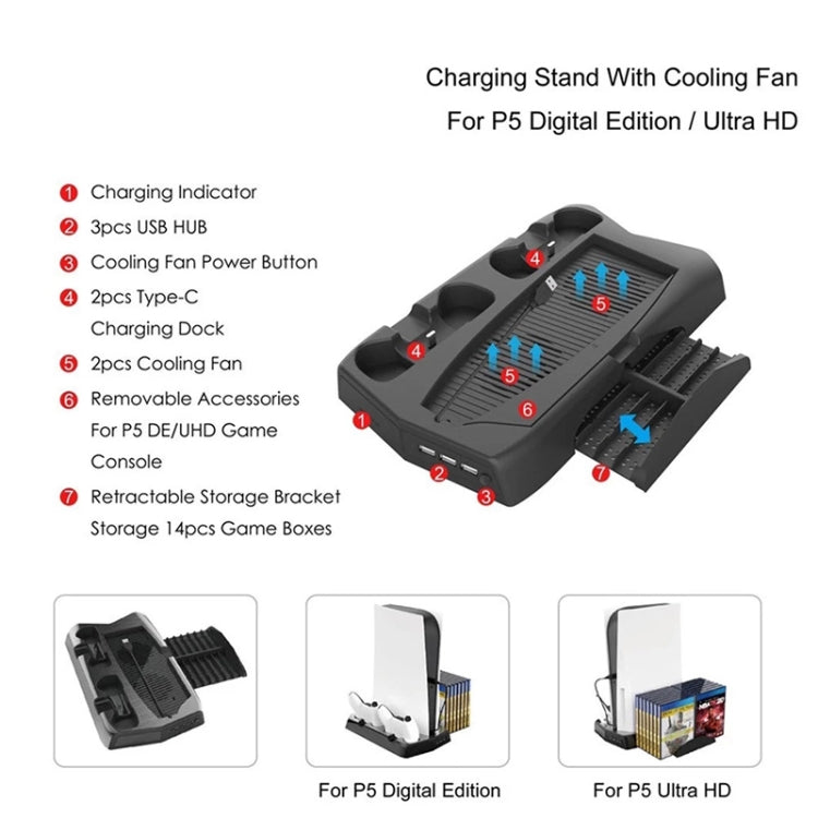 KJH P5-010-2 Multi-function Charging Cooling Fan Base with Storage Tray Bracket For PS5 De / UHD - Charger & Power by PMC TechLife | Online Shopping South Africa | PMC TechLife