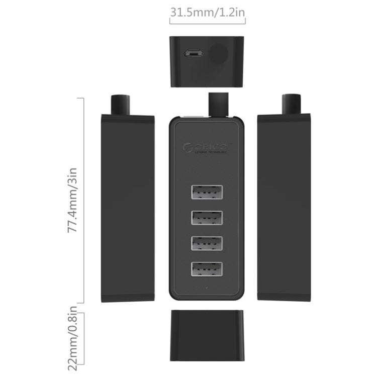 ORICO W5P-U2-100 USB 2.0 Desktop HUB with 100cm Micro USB Cable Power Supply(Black) - free shipping - PMC TechLife - Order now!