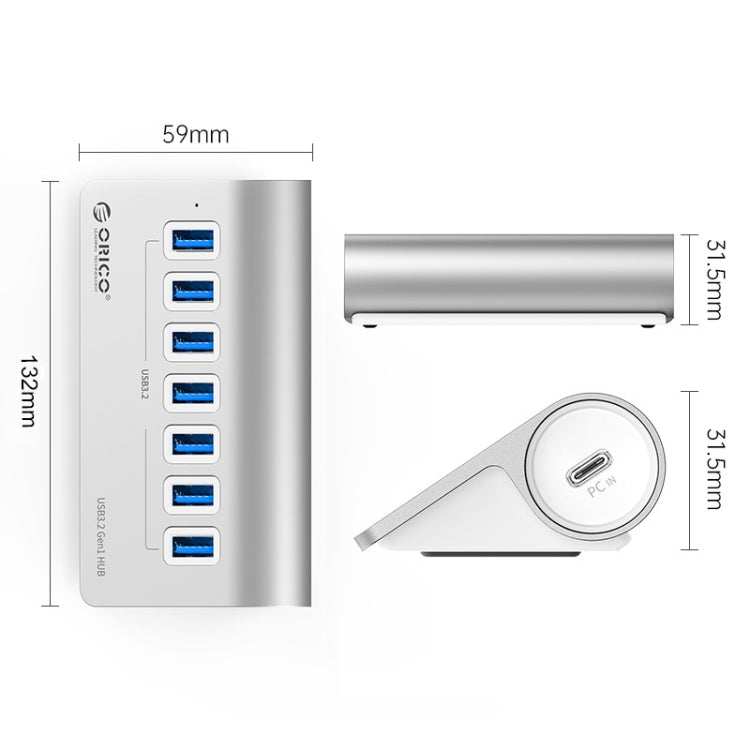 ORICO M3U7-G2 Aluminum Alloy 7-Port USB 3.2 Gen2 10Gbps HUB with 1m Cable (Silver) - USB 3.0 HUB by ORICO | Online Shopping South Africa | PMC Jewellery | Buy Now Pay Later Mobicred