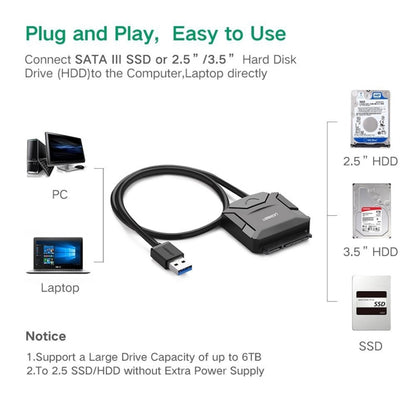 UGREEN USB 3.0 to SATA Adapter Cable Converter for 2.5 / 3.5 inch Hard Drive Disk HDD and SSD, Support UASP SATA 3.0(Black) - USB to IDE / SATA by UGREEN | Online Shopping South Africa | PMC Jewellery