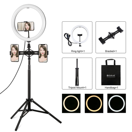 PULUZ 11.8 inch 30cm Light + 1.65m Tripod + Dual Phone Bracket Curved Surface USB 3 Modes Dimmable Dual Color Temperature LED Ring Vlogging Video Light  Live Broadcast Kits with Phone Clamp(Black) - Ring Light by PULUZ | Online Shopping South Africa | PMC Jewellery | Buy Now Pay Later Mobicred