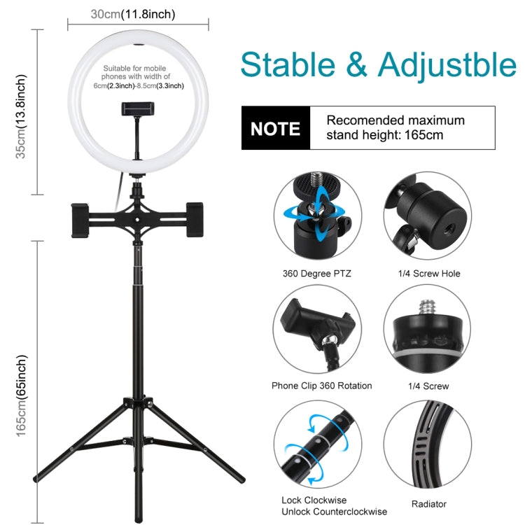 PULUZ 11.8 inch 30cm Light + 1.65m Tripod + Dual Phone Bracket Curved Surface USB 3 Modes Dimmable Dual Color Temperature LED Ring Vlogging Video Light  Live Broadcast Kits with Phone Clamp(Black) - Ring Light by PULUZ | Online Shopping South Africa | PMC Jewellery | Buy Now Pay Later Mobicred