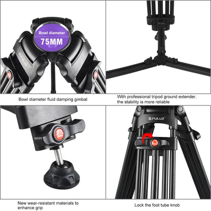 PULUZ 3 in 1 (Tripod + Bowl Adapter + Black Fluid Drag Head) Heavy Duty Video Camcorder Aluminum Alloy Tripod Mount Kit for DSLR / SLR Camera, Adjustable Height: 62-152cm - Tripods by PULUZ | Online Shopping South Africa | PMC Jewellery | Buy Now Pay Later Mobicred