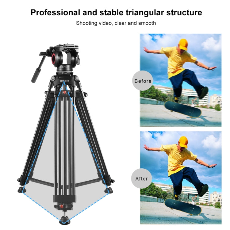 PULUZ 3 in 1 (Tripod + Bowl Adapter + Black Fluid Drag Head) Heavy Duty Video Camcorder Aluminum Alloy Tripod Mount Kit for DSLR / SLR Camera, Adjustable Height: 62-152cm - Tripods by PULUZ | Online Shopping South Africa | PMC Jewellery | Buy Now Pay Later Mobicred