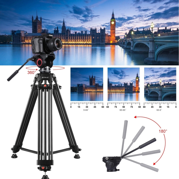 PULUZ 3 in 1 (Tripod + Bowl Adapter + Black Fluid Drag Head) Heavy Duty Video Camcorder Aluminum Alloy Tripod Mount Kit for DSLR / SLR Camera, Adjustable Height: 62-152cm - Tripods by PULUZ | Online Shopping South Africa | PMC Jewellery | Buy Now Pay Later Mobicred