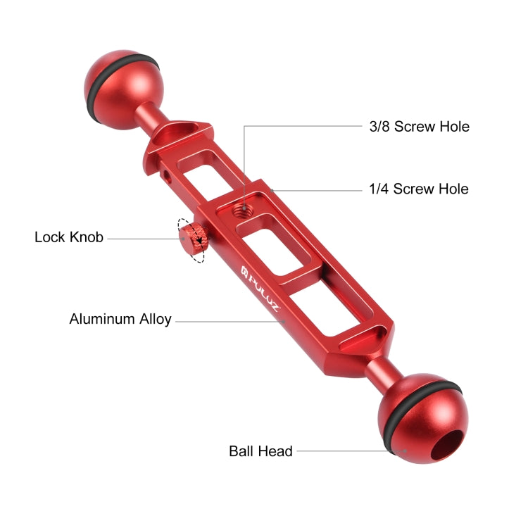 PULUZ 7.9 inch 20cm Adjustable Aluminum Alloy Dual Balls Arm with 1/4 Thread, Ball Diameter: 25mm(Red) - Diving Accessories by PULUZ | Online Shopping South Africa | PMC Jewellery | Buy Now Pay Later Mobicred