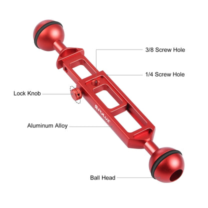 PULUZ 7.9 inch 20cm Adjustable Aluminum Alloy Dual Balls Arm with 1/4 Thread, Ball Diameter: 25mm(Red) - Diving Accessories by PULUZ | Online Shopping South Africa | PMC Jewellery | Buy Now Pay Later Mobicred