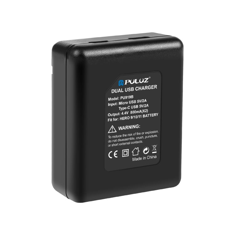 PULUZ USB Dual Batteries Charger for GoPro HERO12 Black /11 Black /10 Black /9 Black (Black) - Charger by PULUZ | Online Shopping South Africa | PMC Jewellery | Buy Now Pay Later Mobicred