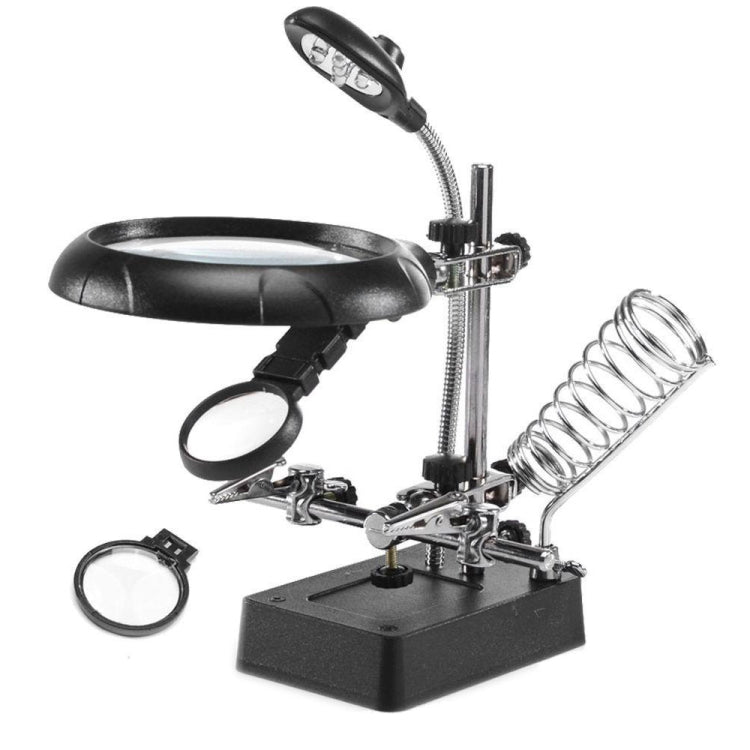 5 LED Auxiliary Clip Magnifier AC/DC Interchangeable with Soldering Stand & Two Magnifier, EU Plug(Silver) - free shipping - PMC TechLife - Order now!