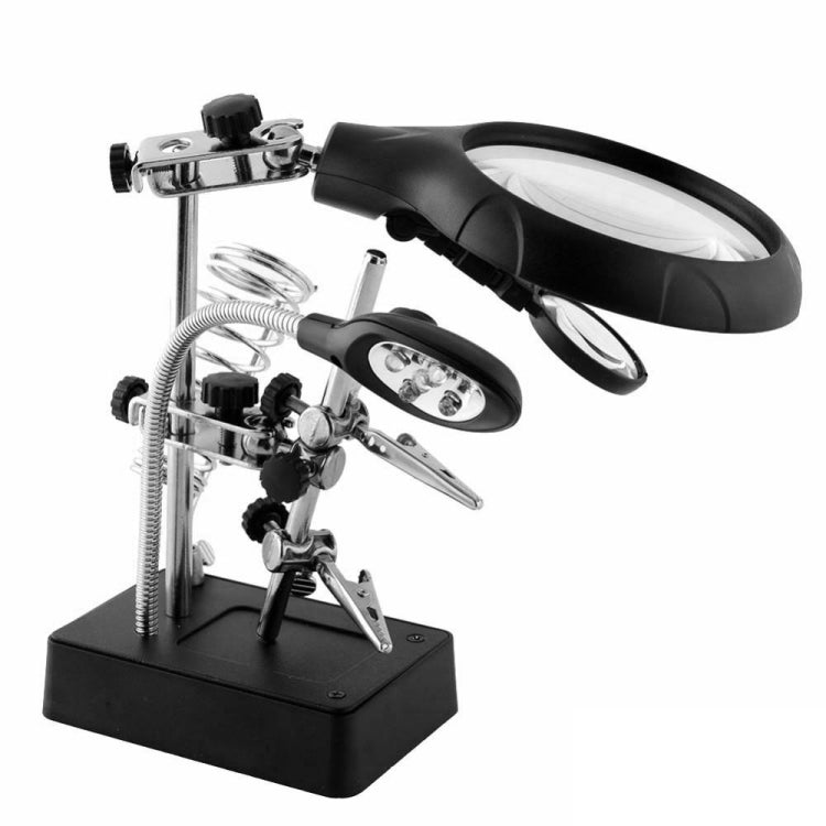 5 LED Auxiliary Clip Magnifier AC/DC Interchangeable with Soldering Stand & Two Magnifier, EU Plug(Silver) - free shipping - PMC TechLife - Order now!