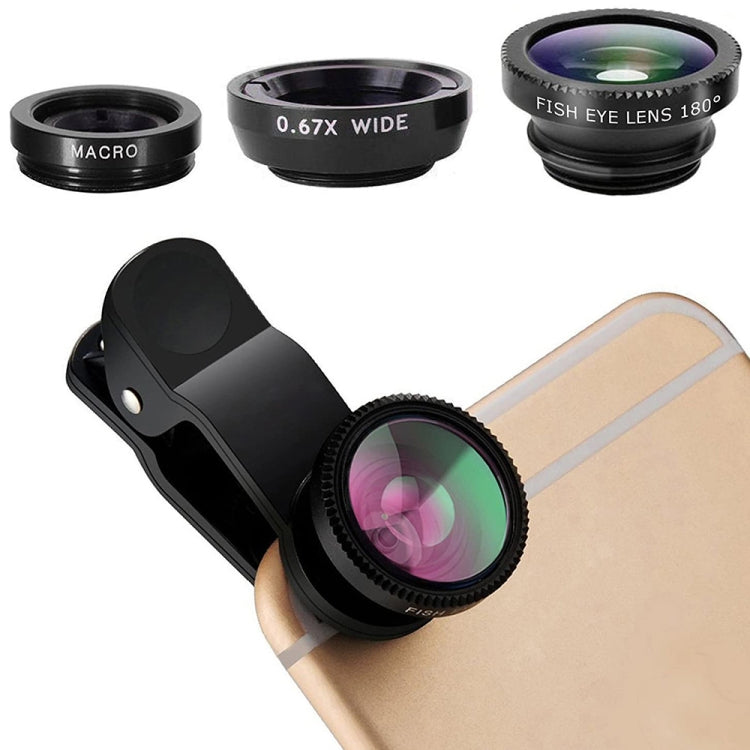 3 in 1 Photo Lens Kits (180 Degree Fisheye Lens + Super Wide Lens + Macro Lens), For iPhone, Galaxy, Sony, Lenovo, HTC, Huawei, Google, LG, Xiaomi, other Smartphones(Black) - Combination Lens by PMC Jewellery | Online Shopping South Africa | PMC Jewellery