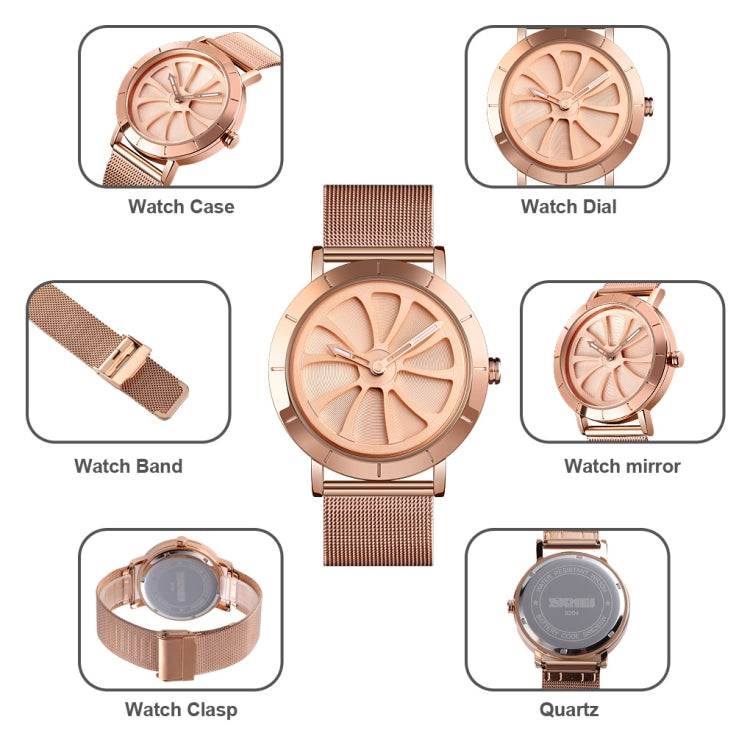 SKMEI 9204 Fashion Skeleton Rotating Dial Waterproof Business Mesh Belt Quartz Watch Men Watch(Rose Gold) - Metal Strap Watches by SKMEI | Online Shopping South Africa | PMC Jewellery | Buy Now Pay Later Mobicred