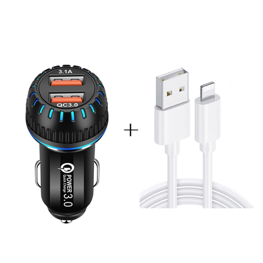 YSY-349 QC3.0 Dual Port USB Car Charger + 3A USB to 8 Pin Data Cable, Length: 1m(Black) - Car Charger by PMC Jewellery | Online Shopping South Africa | PMC Jewellery