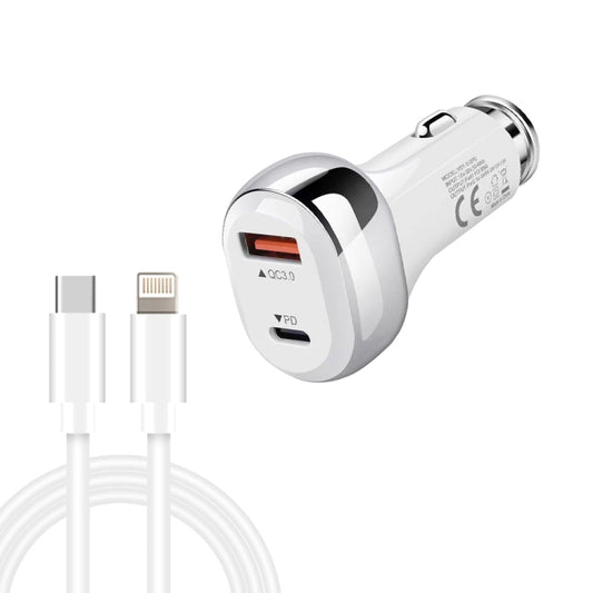 YSY-312PD QC3.0 18W USB + PD 20W USB-C / Type-C Car Charger with Type-C to 8 Pin Data Cable(White) - Car Charger by PMC Jewellery | Online Shopping South Africa | PMC Jewellery