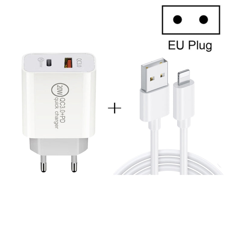 20W PD Type-C + QC 3.0 USB Interface Fast Charging Travel Charger with USB to 8 Pin Fast Charge Data Cable EU Plug - USB Charger by PMC Jewellery | Online Shopping South Africa | PMC Jewellery