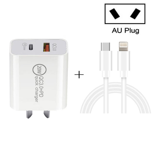 TCS-20WACA 20W PD Type-C + QC 3.0 USB Interface Fast Charging Travel Charger with USB-C / Type-C to 8 Pin Fast Charge Data Cable AU Plug - USB Charger by PMC Jewellery | Online Shopping South Africa | PMC Jewellery