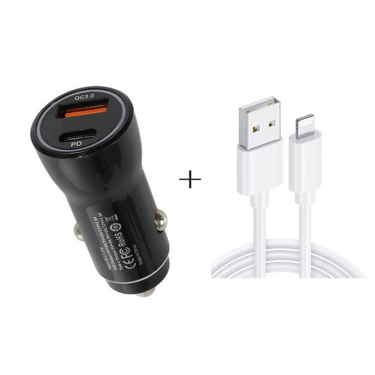 P21 PD 20W USB-C / Type-C + QC3.0 18W USB Fast Car Charger with USB to 8 Pin Data Cable Set(Black) - Car Charger by PMC Jewellery | Online Shopping South Africa | PMC Jewellery