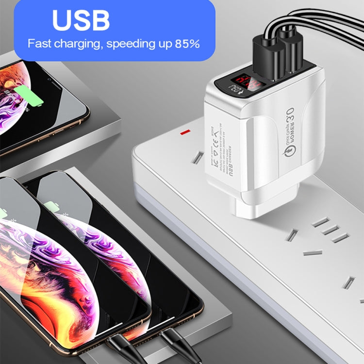 F002C QC3.0 USB + USB 2.0 LED Digital Display Fast Charger with USB to 8 Pin Data Cable, UK Plug(White) - USB Charger by PMC Jewellery | Online Shopping South Africa | PMC Jewellery