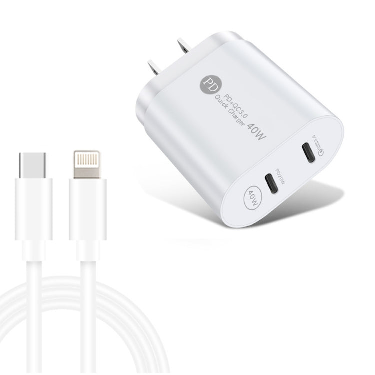 002 40W Dual Port PD / Type-C Fast Charger with USB-C to 8 Pin Data Cable, US Plug(White) - USB Charger by PMC Jewellery | Online Shopping South Africa | PMC Jewellery