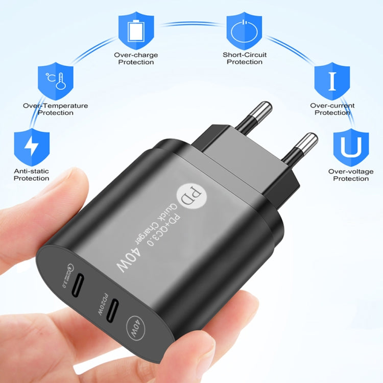 002 40W Dual Port PD / Type-C Fast Charger with USB-C to 8 Pin Data Cable, EU Plug(Black) - free shipping - PMC TechLife - Order now!