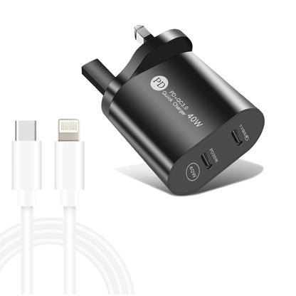 002 40W Dual Port PD / Type-C Fast Charger with USB-C to 8 Pin Data Cable, UK Plug(Black) - USB Charger by PMC Jewellery | Online Shopping South Africa | PMC Jewellery