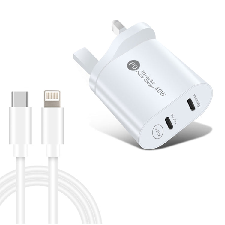 002 40W Dual Port PD / Type-C Fast Charger with USB-C to 8 Pin Data Cable, UK Plug(White) - USB Charger by PMC TechLife | Online Shopping South Africa | PMC TechLife | Buy Now Pay Later Mobicred