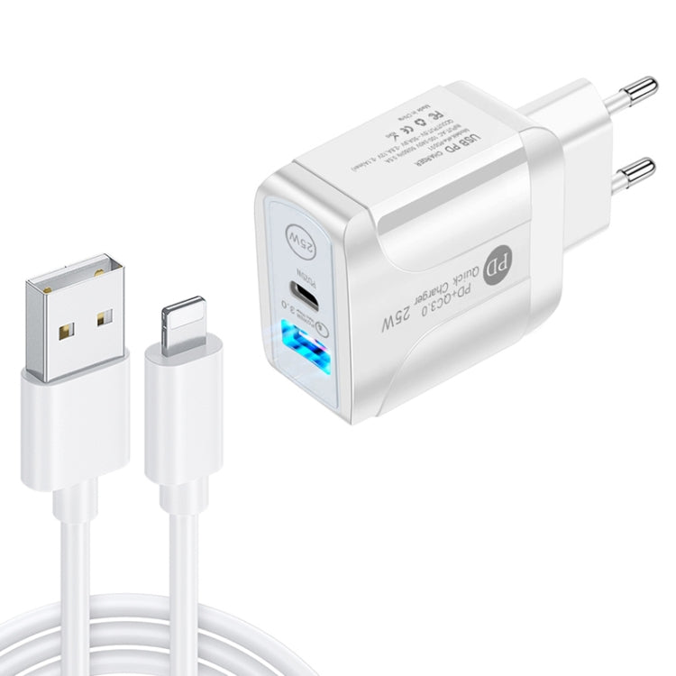 PD25W USB-C / Type-C + QC3.0 USB Dual Ports Fast Charger with USB to 8 Pin Data Cable, EU Plug(White) - USB Charger by PMC Jewellery | Online Shopping South Africa | PMC Jewellery | Buy Now Pay Later Mobicred