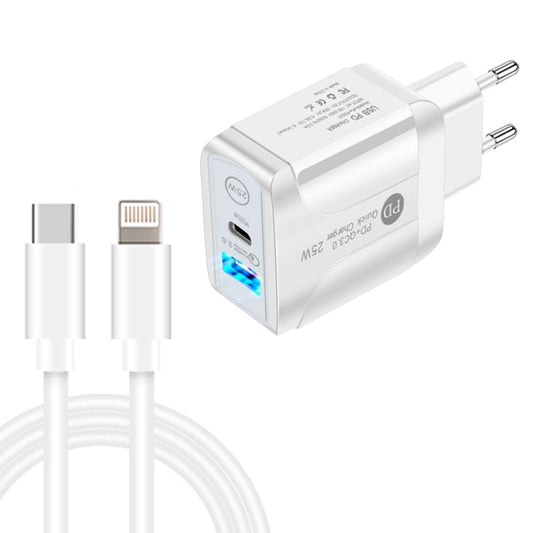 PD25W USB-C / Type-C + QC3.0 USB Dual Ports Fast Charger with USB-C to 8 Pin Data Cable, EU Plug(White) - USB Charger by PMC Jewellery | Online Shopping South Africa | PMC Jewellery