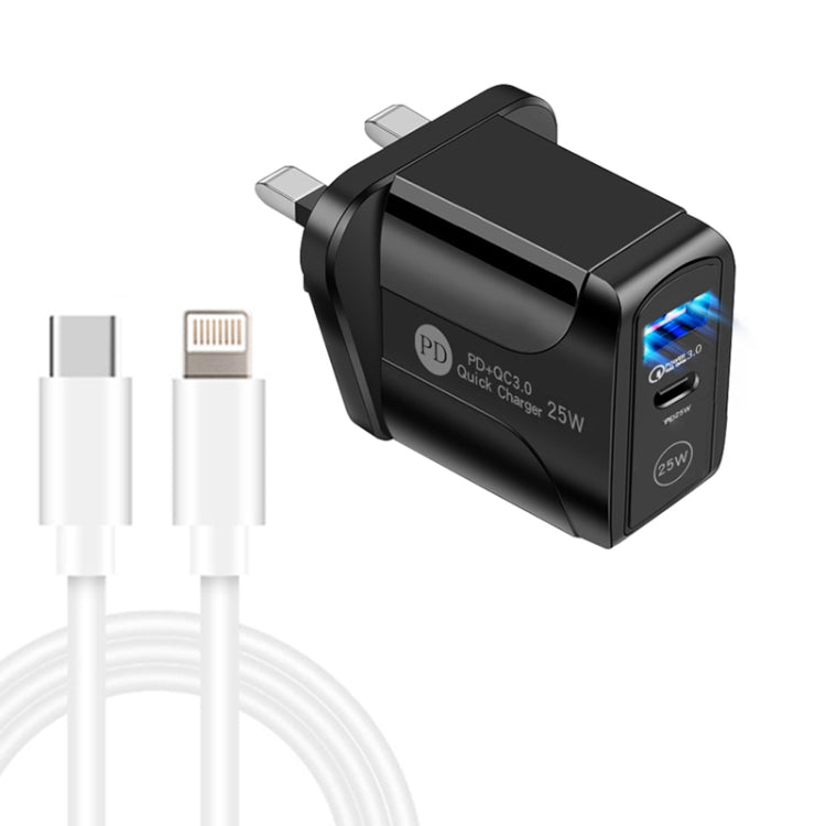 PD25W USB-C / Type-C + QC3.0 USB Dual Ports Fast Charger with USB-C to 8 Pin Data Cable, UK Plug(Black) - USB Charger by PMC Jewellery | Online Shopping South Africa | PMC Jewellery