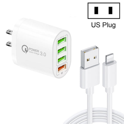 QC-04 QC3.0 + 3 x USB2.0 Multi-ports Charger with 3A USB to 8 Pin Data Cable,US Plug(White) - USB Charger by PMC Jewellery | Online Shopping South Africa | PMC Jewellery