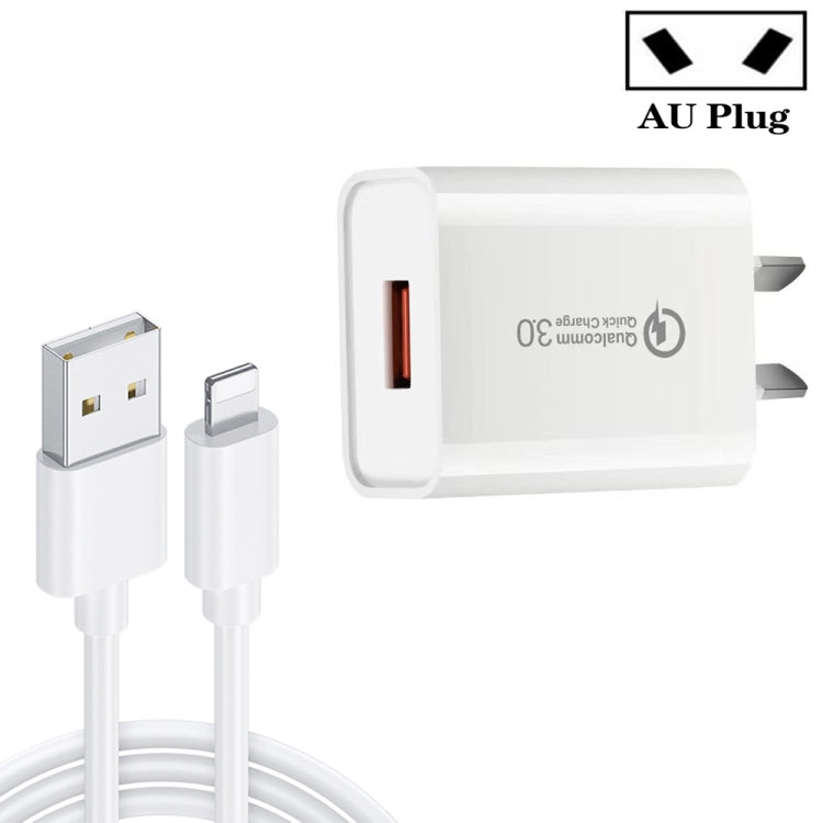 CA-25 QC3.0 USB 3A Fast Charger with USB to 8 Pin Data Cable, AU Plug(White) - USB Charger by PMC Jewellery | Online Shopping South Africa | PMC Jewellery