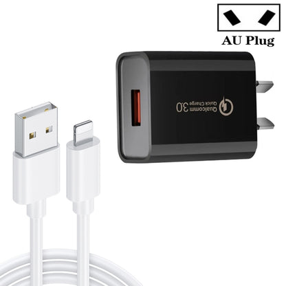 CA-25 QC3.0 USB 3A Fast Charger with USB to 8 Pin Data Cable, AU Plug(Black) - USB Charger by PMC Jewellery | Online Shopping South Africa | PMC Jewellery