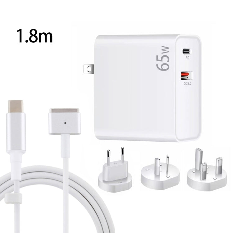 PD-65W USB-C / Type-C + QC3. 0 USB Laptop Charging Adapter + 1.8m USB-C / Type-C to MagSafe 2 / T Head Data Cable,  EU Plug / AU Plug / UK Plug / US Plug(White) - Cable & Adapter by PMC Jewellery | Online Shopping South Africa | PMC Jewellery