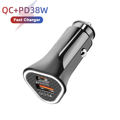 TE-P23 38W PD 20W USB-C / Type-C + QC3. 0 USB Triangle Car Charger + USB to 8 Pin Data Cable, Length: 1m(Black) - Car Charger by PMC Jewellery | Online Shopping South Africa | PMC Jewellery