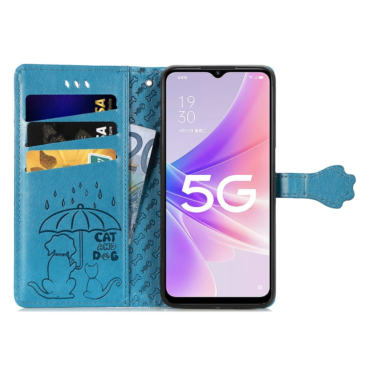 For OPPO A57 5G Cute Cat and Dog Embossed Horizontal Flip Leather Case(Blue) - OPPO Cases by PMC TechLife | Online Shopping South Africa | PMC TechLife | Buy Now Pay Later Mobicred