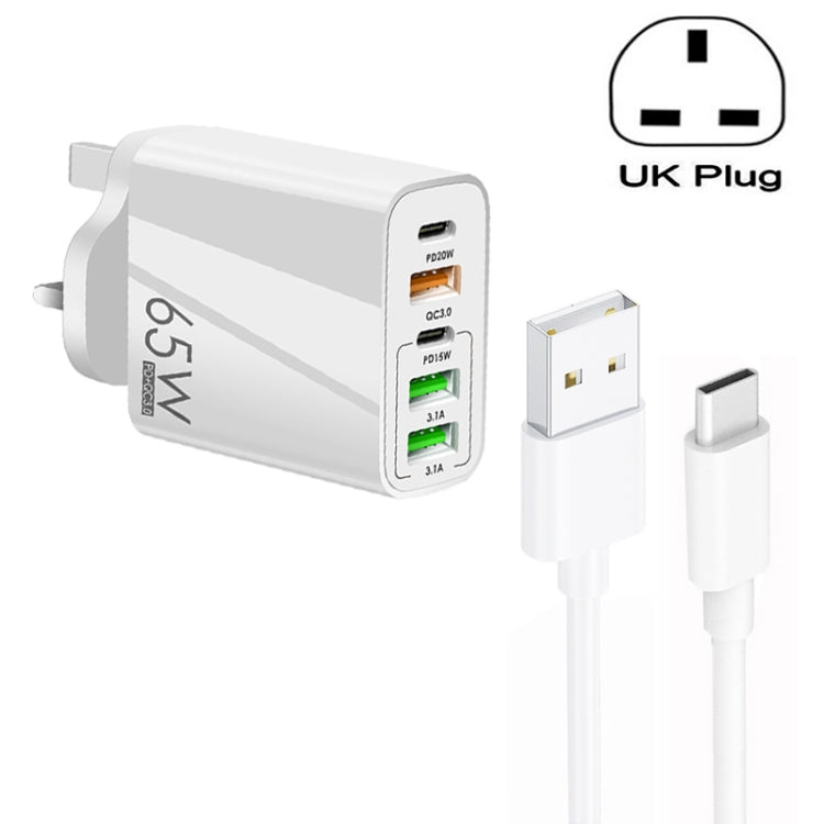 65W Dual PD Type-C + 3 x USB Multi Port Charger with 3A USB to Type-C Data Cable, UK Plug(White) - USB Charger by PMC TechLife | Online Shopping South Africa | PMC TechLife